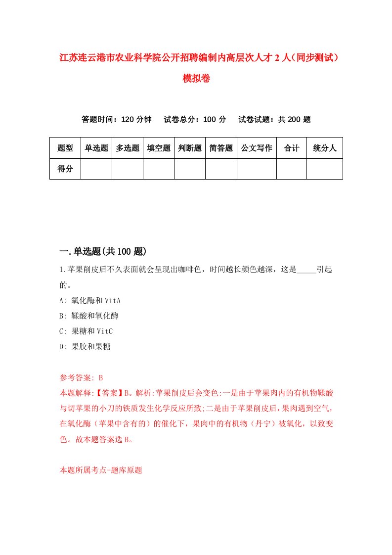 江苏连云港市农业科学院公开招聘编制内高层次人才2人同步测试模拟卷第36次