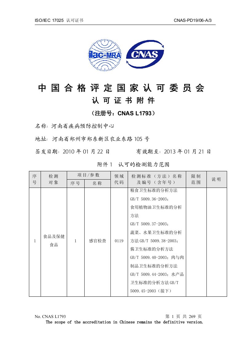 国家认可委认可项目-河南疾病预防控制中心