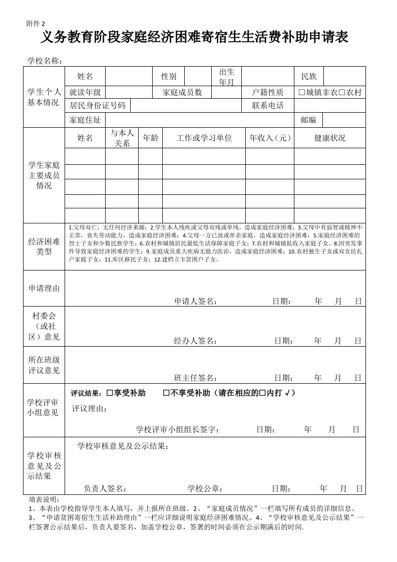 义务教育阶段家庭经济困难寄宿生生活费补助申请表-附件2