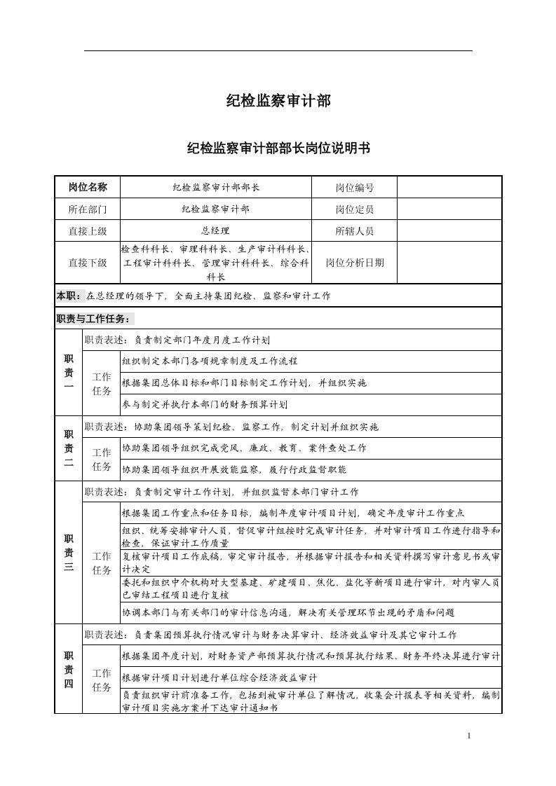 纪检监察审计部各岗位说明书