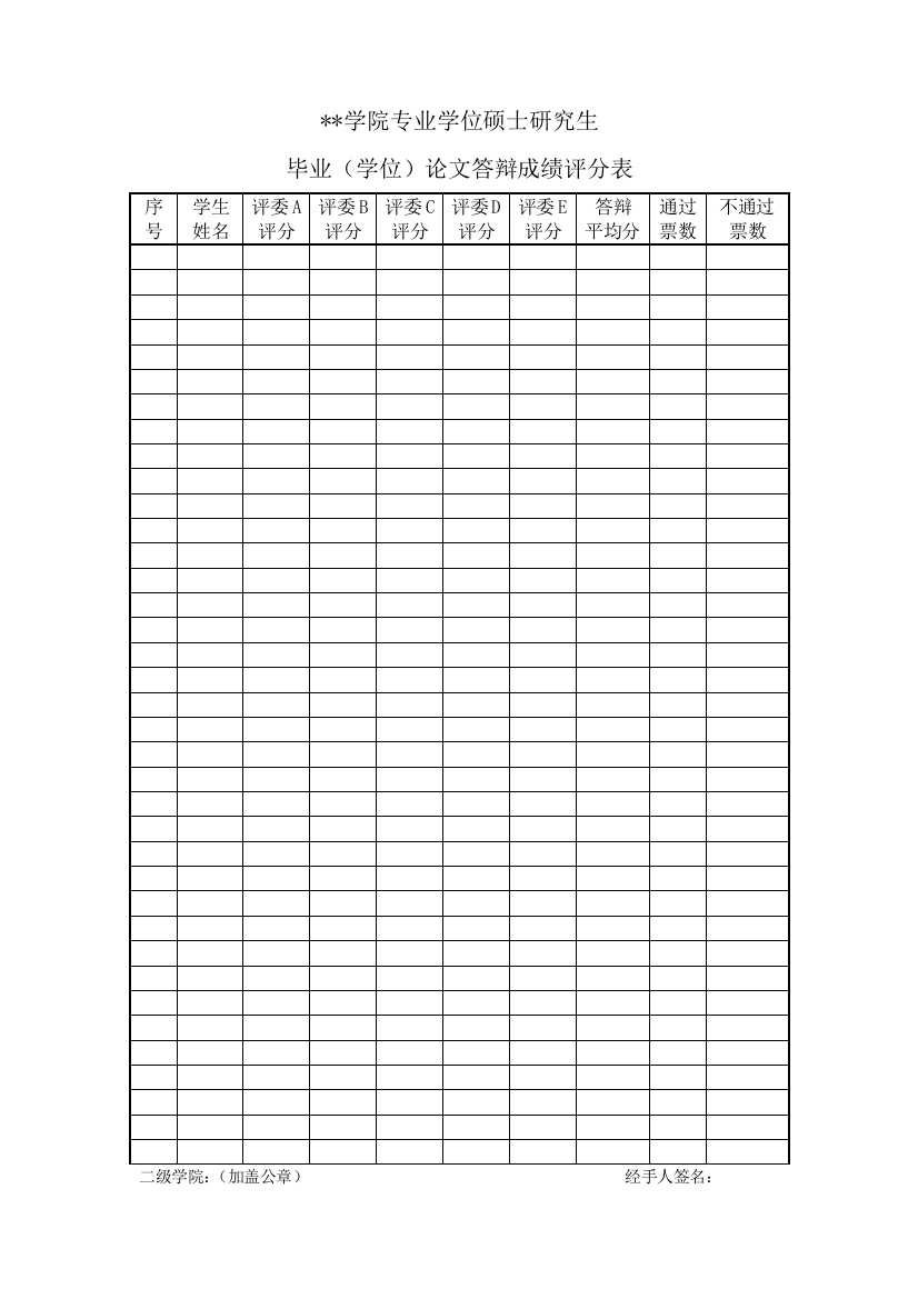 学院专业学位硕士研究生毕业(学位)论文答辩成绩评分表