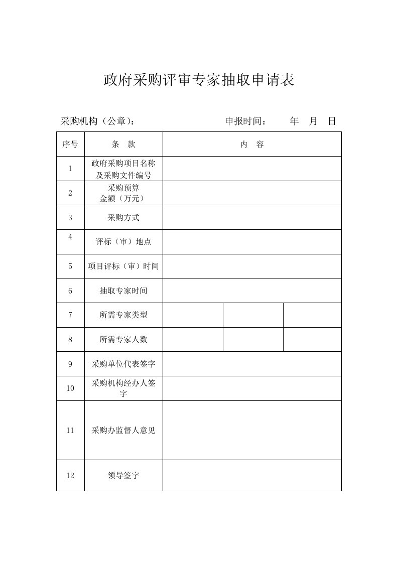 最新政府采购评审专家抽取申请表