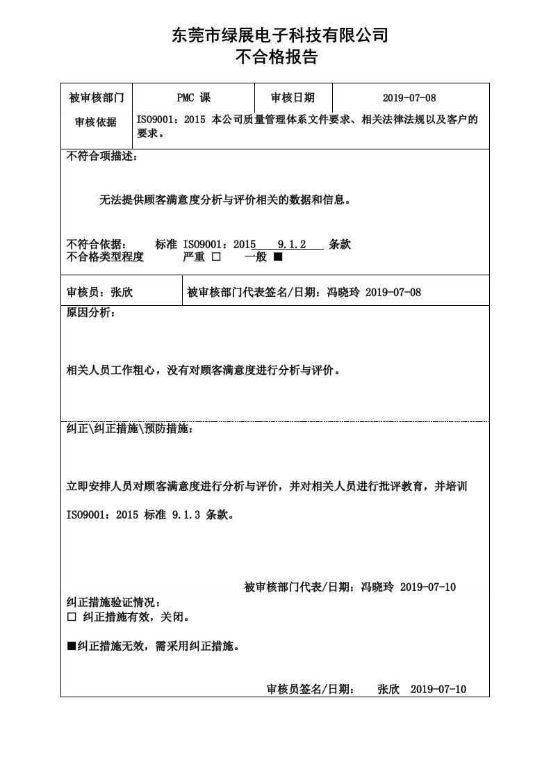 ISO90012015不符合项报告