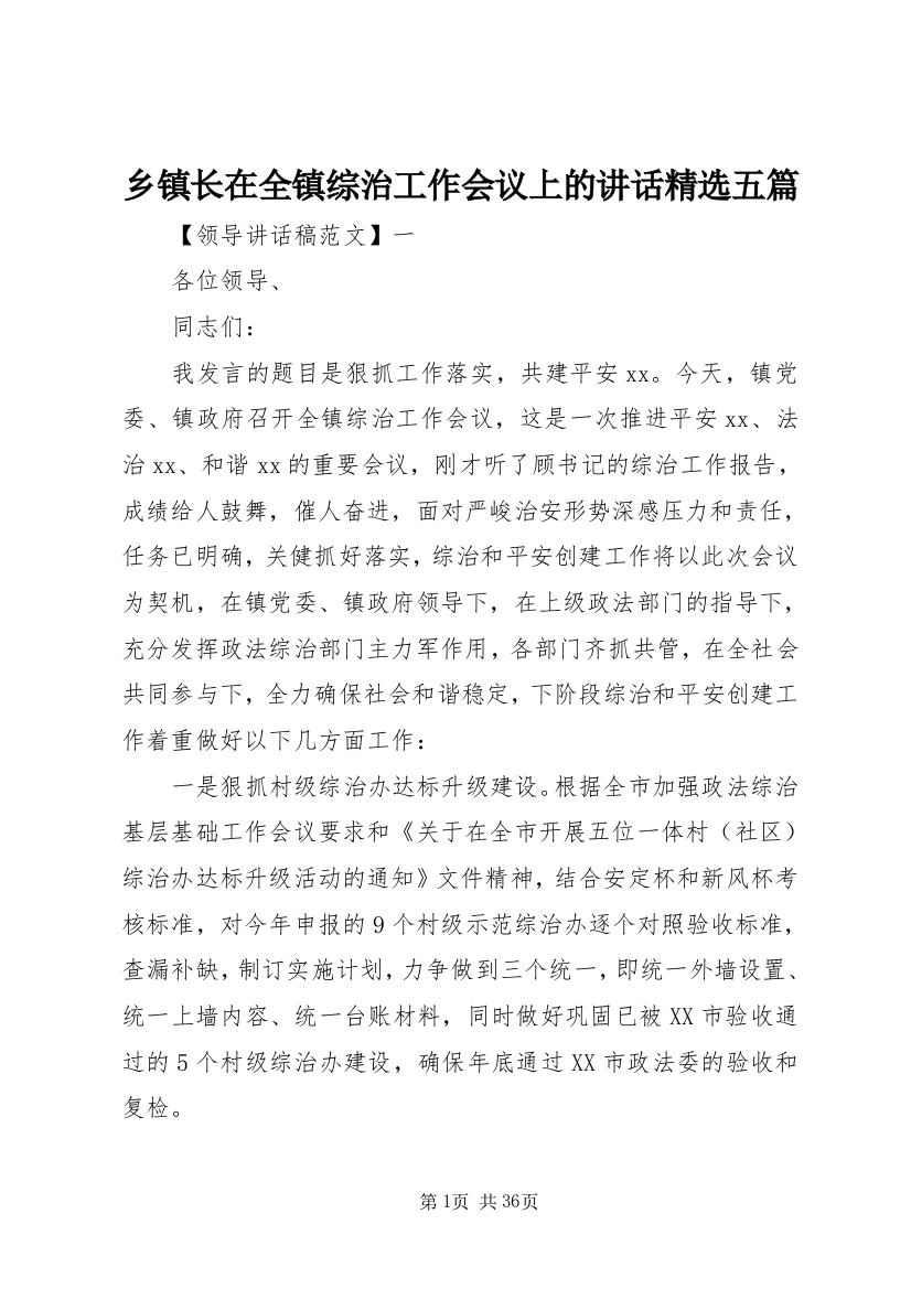 乡镇长在全镇综治工作会议上的讲话精选五篇