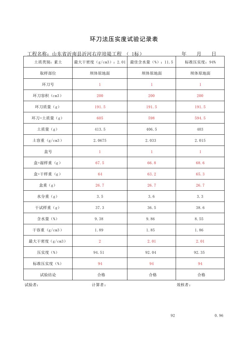 标环刀法压实度试验记录表