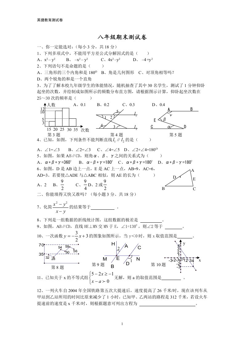 八年级数学下期末考试卷及答案