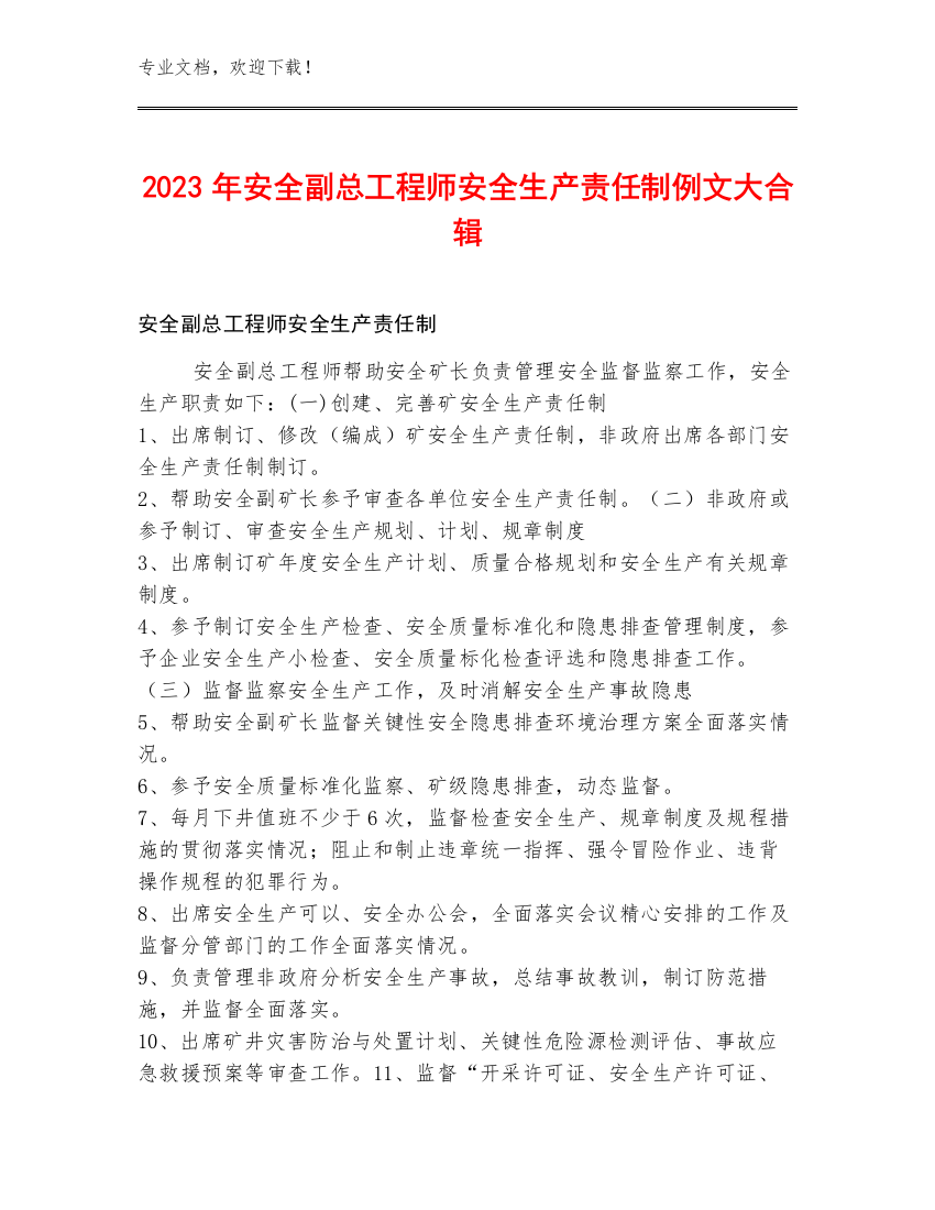 2023年安全副总工程师安全生产责任制例文大合辑