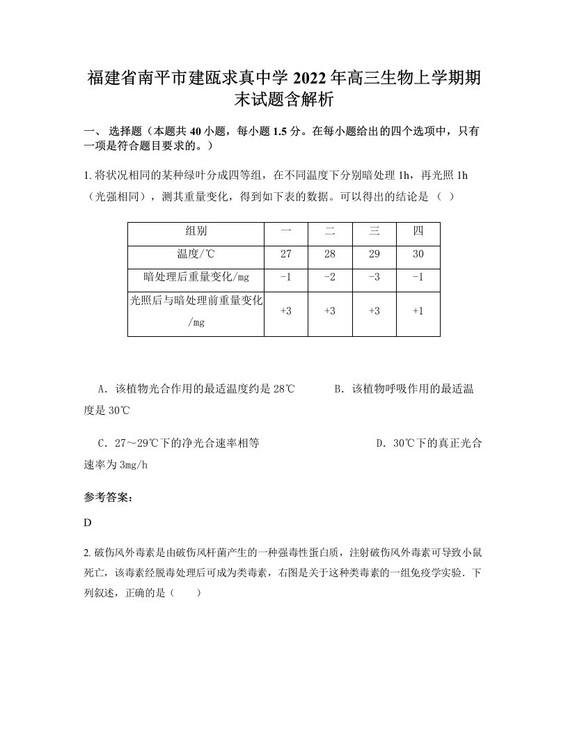 福建省南平市建瓯求真中学2022年高三生物上学期期末试题含解析