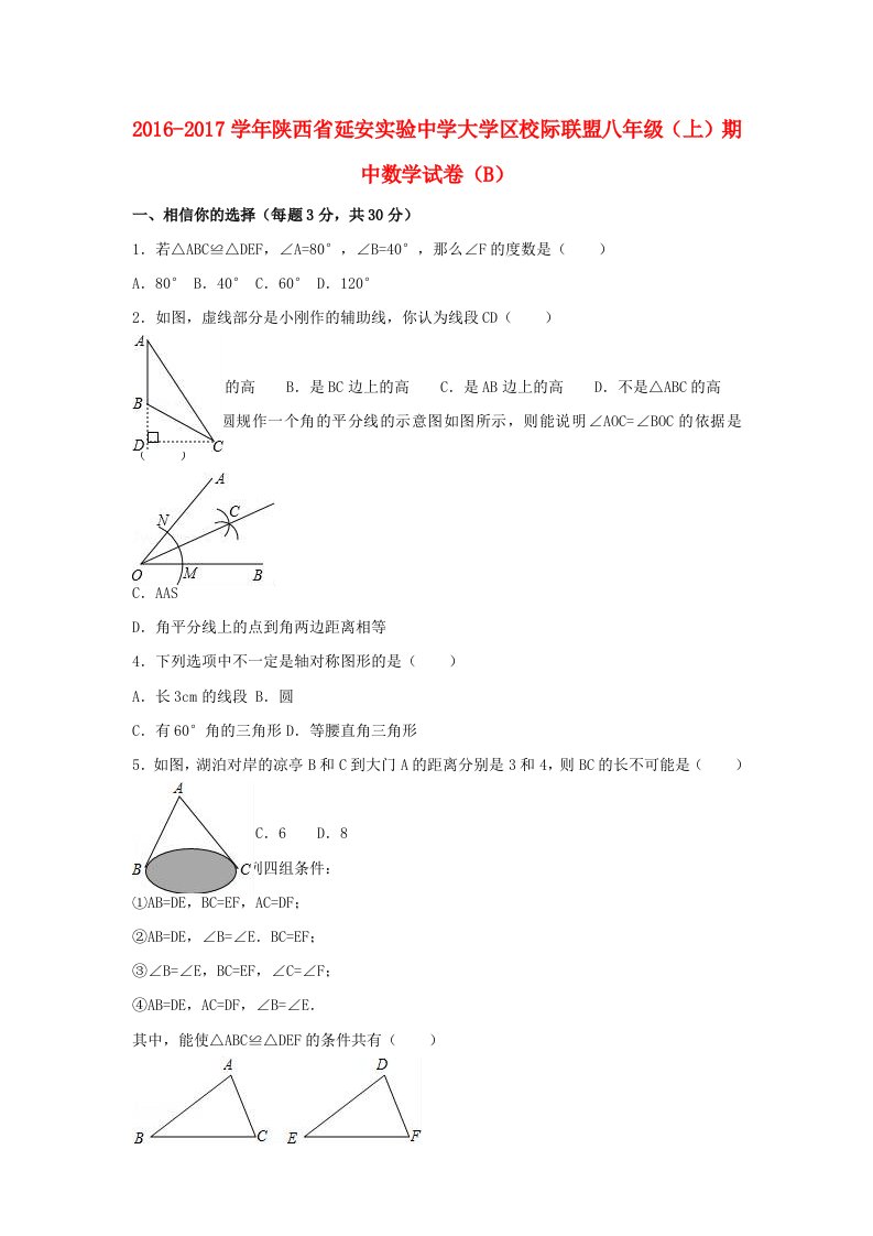 八年级数学上学期期中试卷（b卷，含解析）