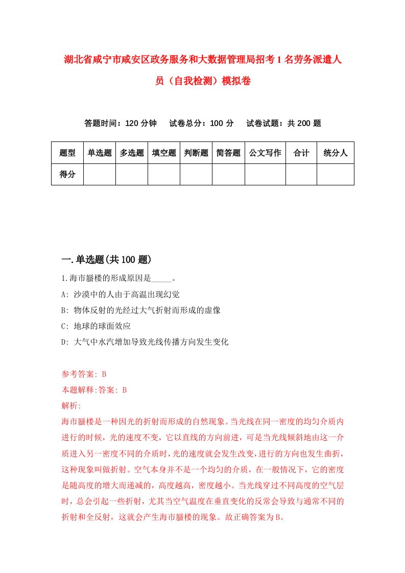 湖北省咸宁市咸安区政务服务和大数据管理局招考1名劳务派遣人员自我检测模拟卷第9套