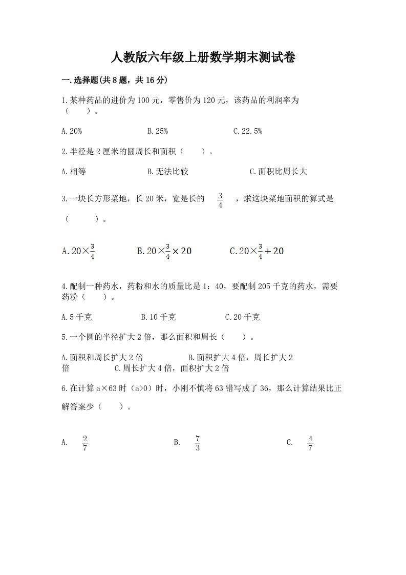 人教版六年级上册数学期末测试卷【真题汇编】