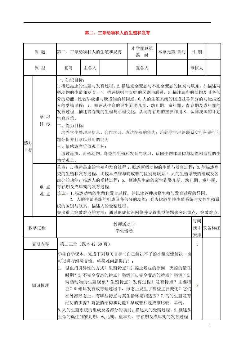 山东省邹平县实验中学初中八年级生物上册《第二、三章动物和人的生殖和发育》名师精选教案