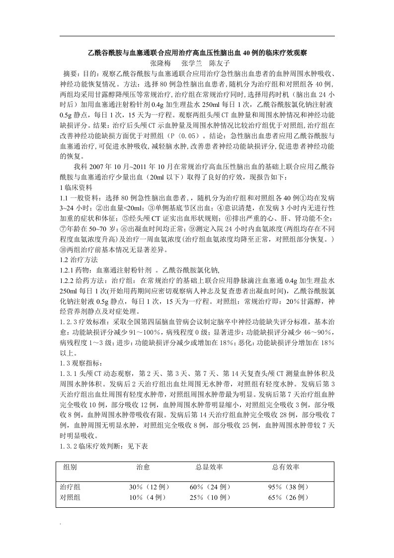 乙酰谷酰胺与血塞通联合应用治疗高血压性脑出血40