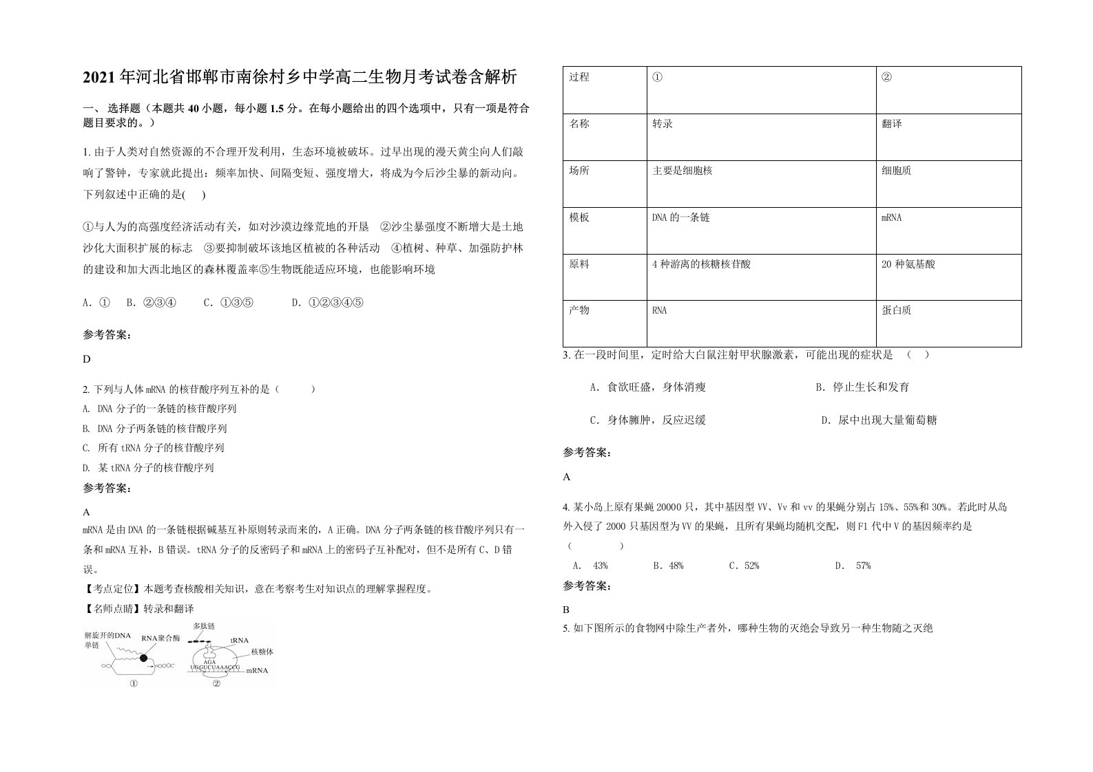 2021年河北省邯郸市南徐村乡中学高二生物月考试卷含解析