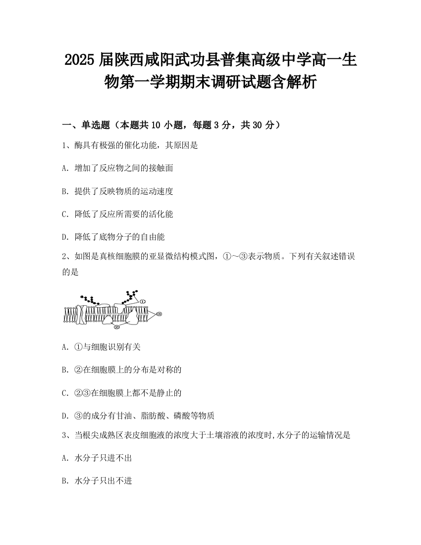 2025届陕西咸阳武功县普集高级中学高一生物第一学期期末调研试题含解析