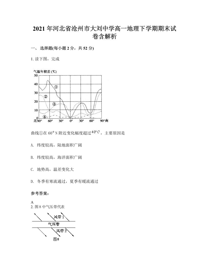 2021年河北省沧州市大刘中学高一地理下学期期末试卷含解析