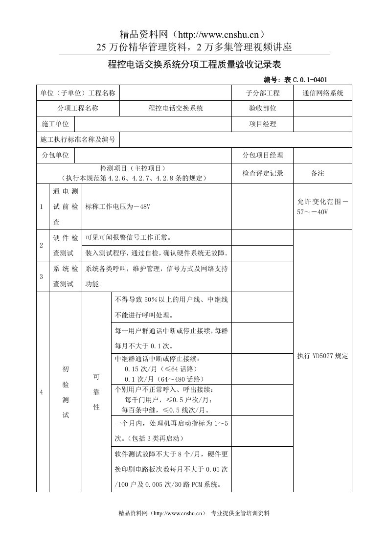 程控电话交换系统分项工程质量验收记录表