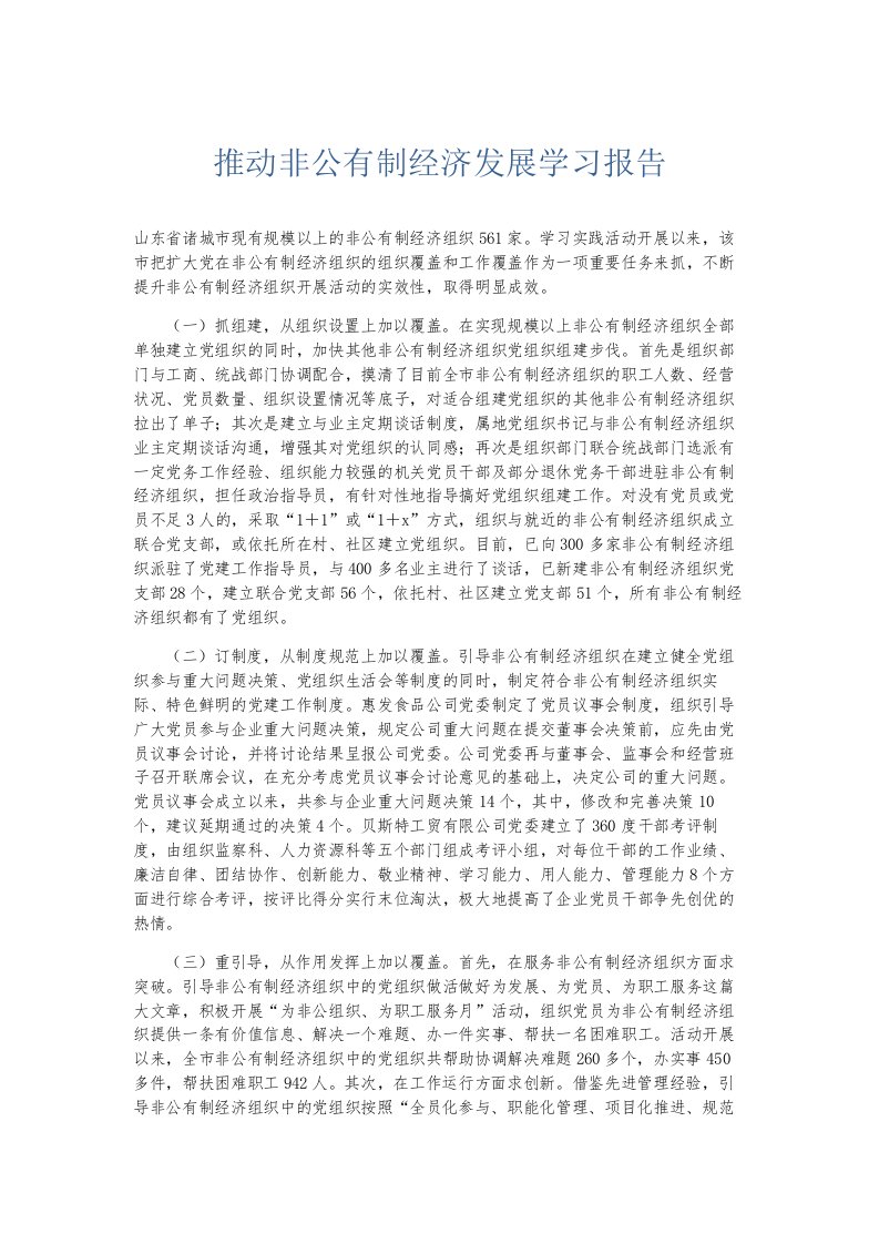 总结报告推动非公有制经济发展学习报告