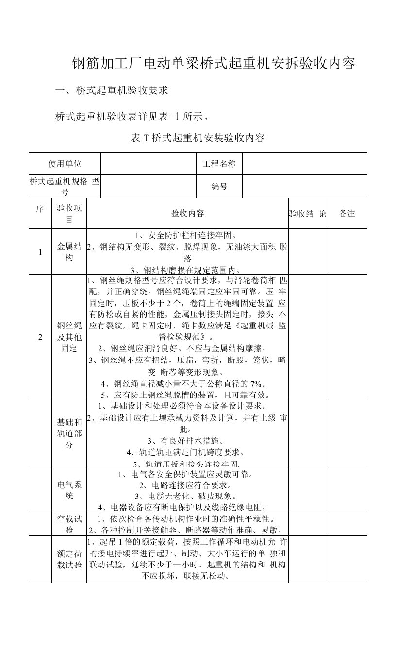 钢筋加工厂电动单梁桥式起重机安拆验收内容