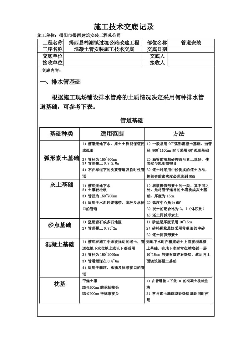 混凝土管道安装施工技术交底