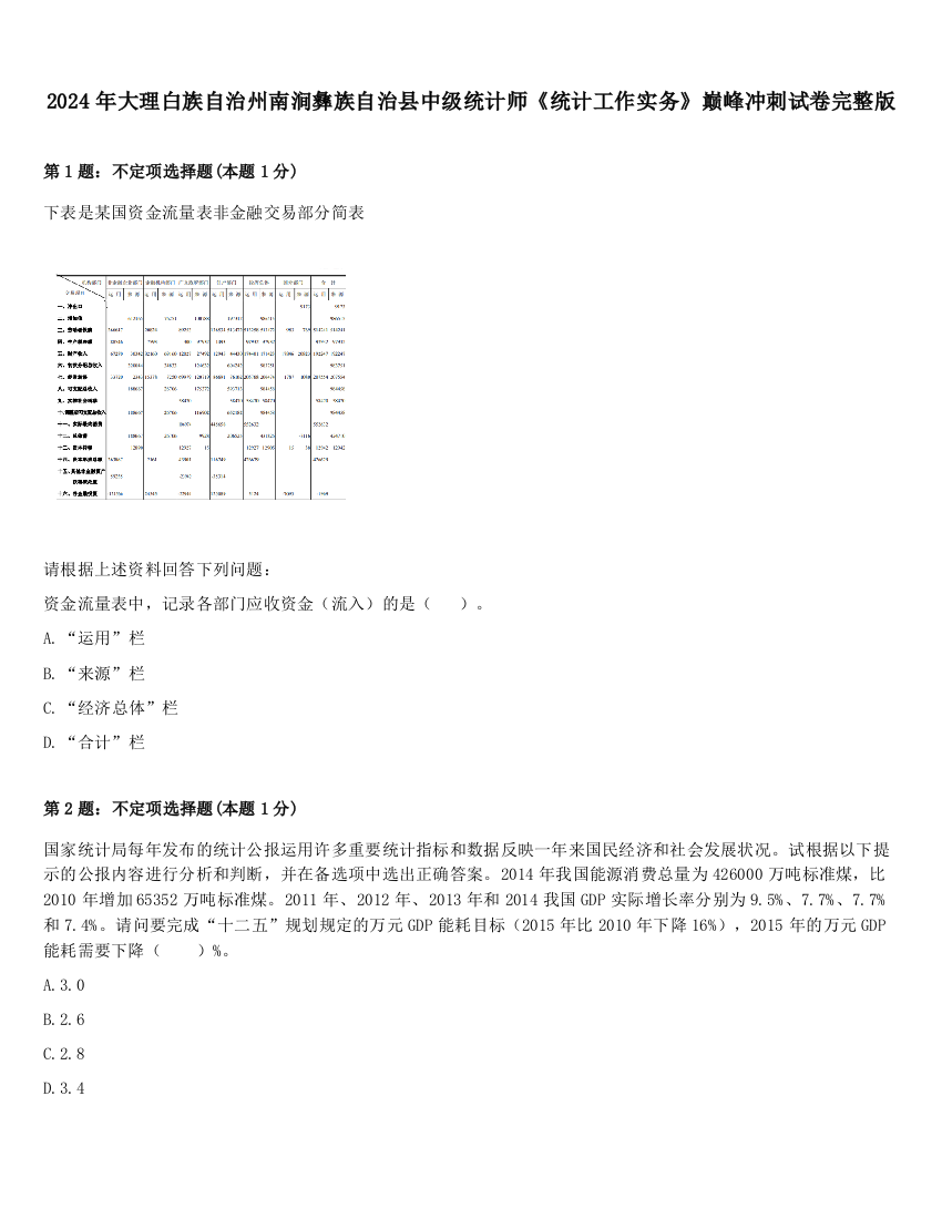 2024年大理白族自治州南涧彝族自治县中级统计师《统计工作实务》巅峰冲刺试卷完整版