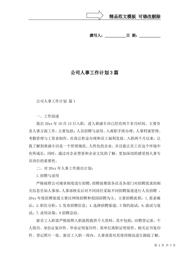 2022年公司人事工作计划3篇