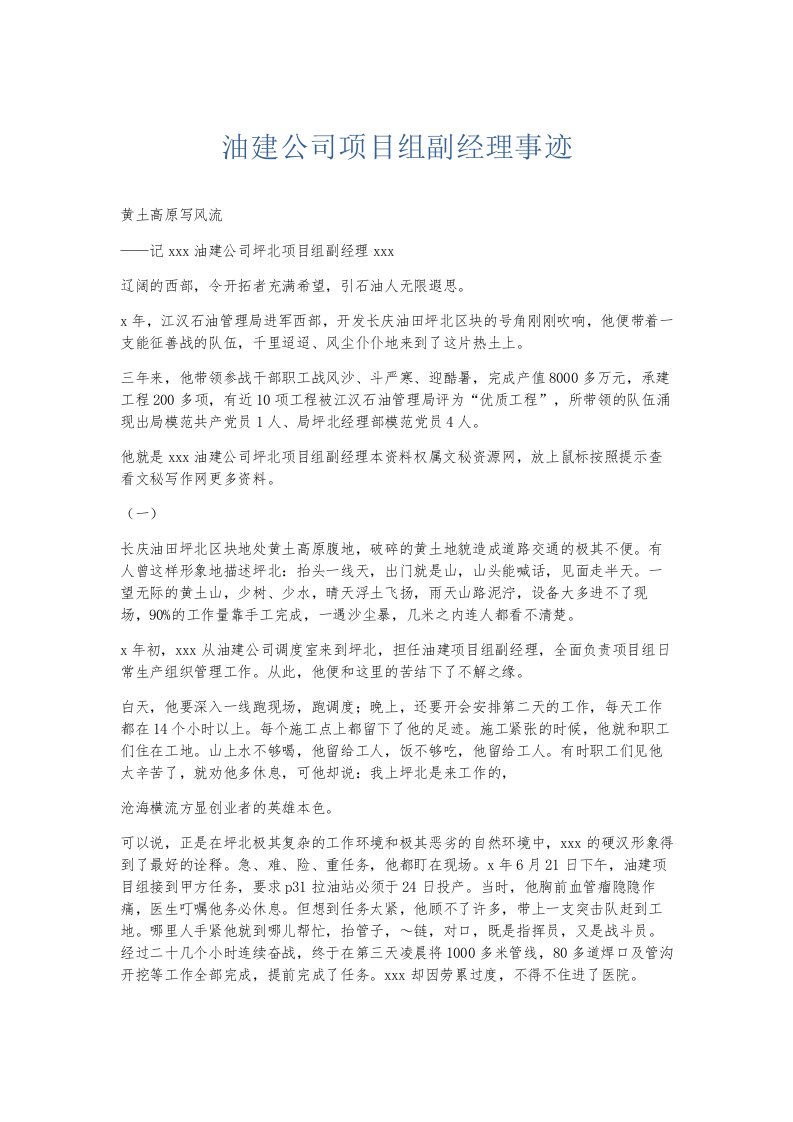 总结报告油建公司项目组副经理事迹