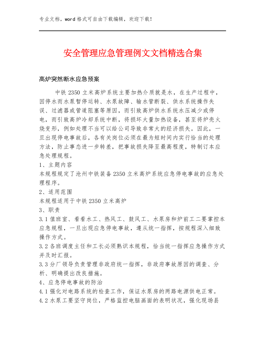 安全管理应急管理例文文档精选合集