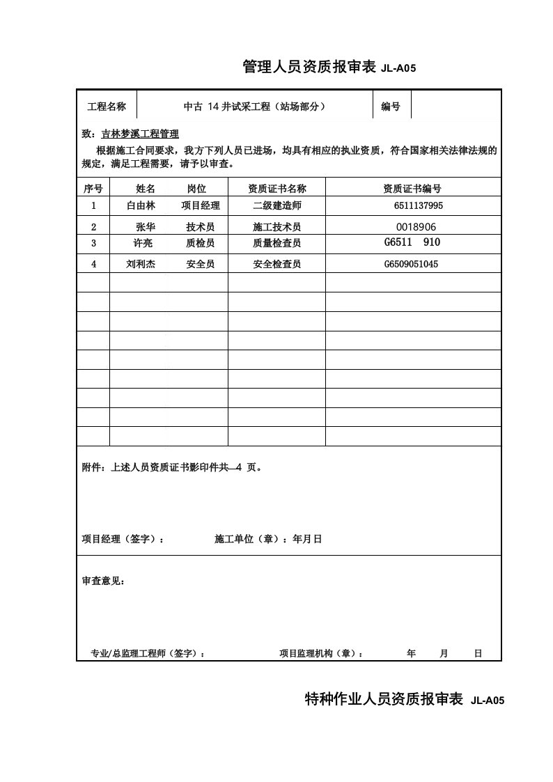 人员资质报审表