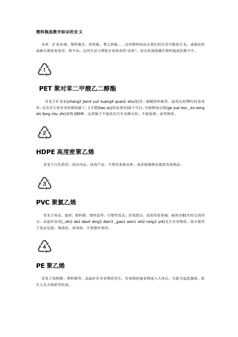 塑料瓶底的数字表识含义