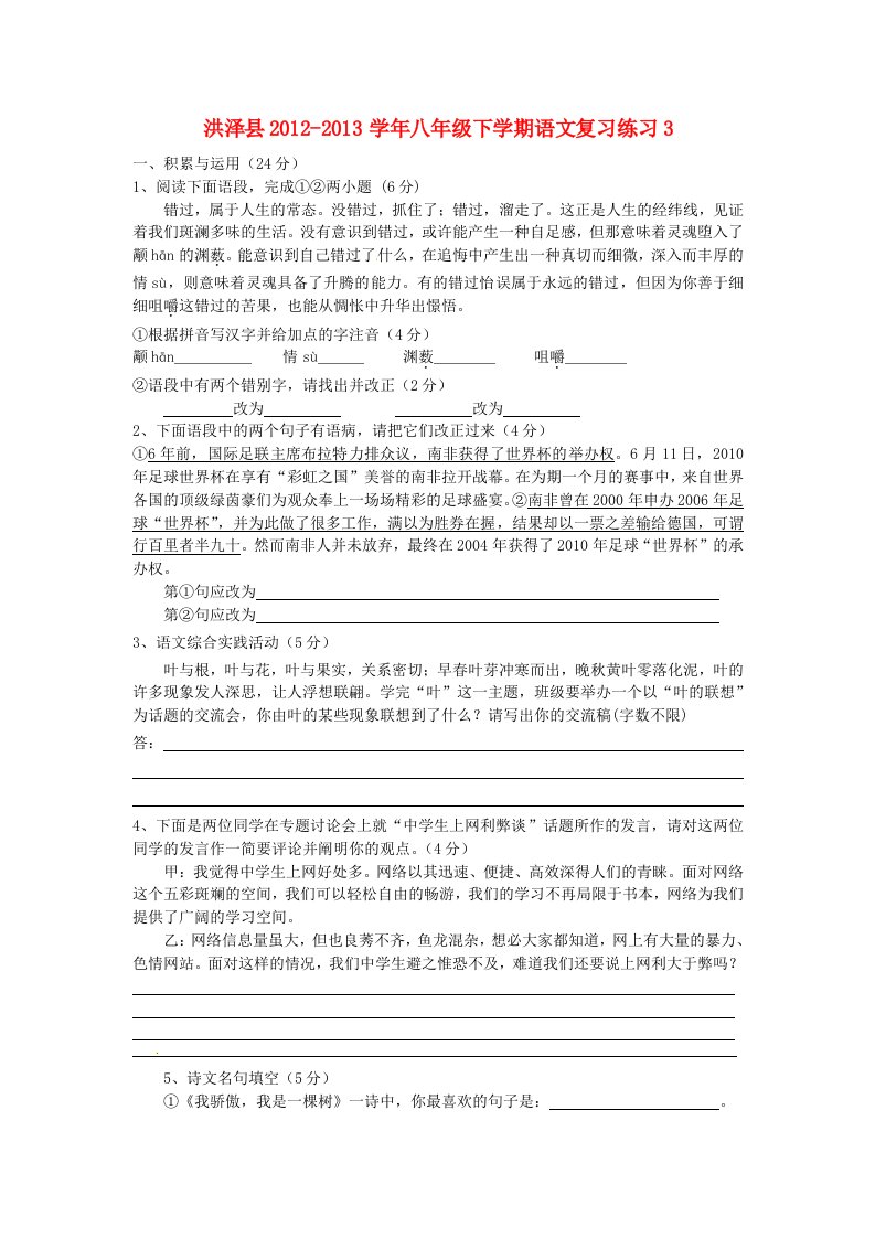 江苏省洪泽县2012-2013学年八年级语文下学期复习练习3