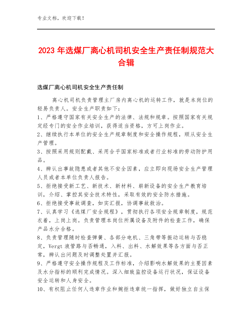 2023年选煤厂离心机司机安全生产责任制规范大合辑