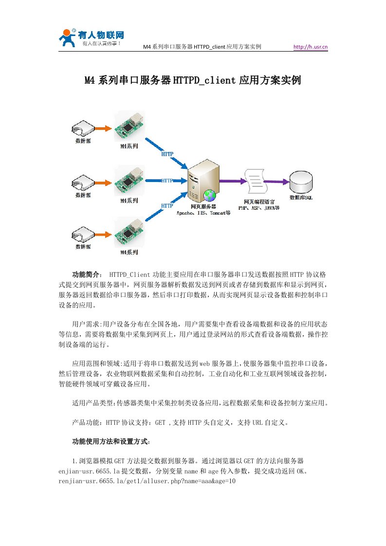 M4系列串口服务器HTTPD-client应用方案实例--有人物联网