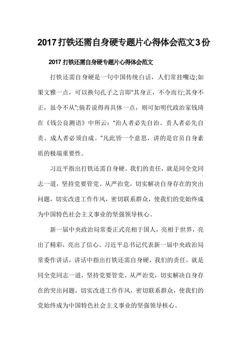 打铁还需自身硬专题片心得体会范文份