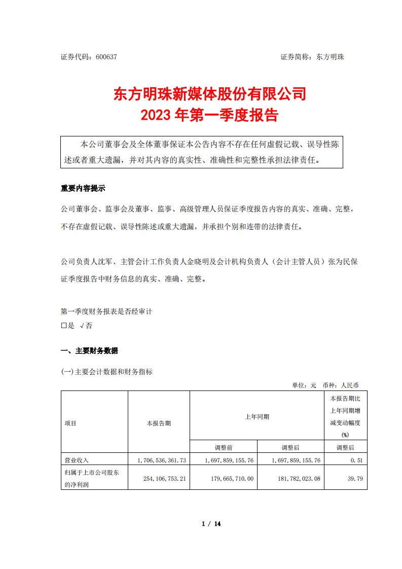 上交所-东方明珠2023年第一季度报告-20230428