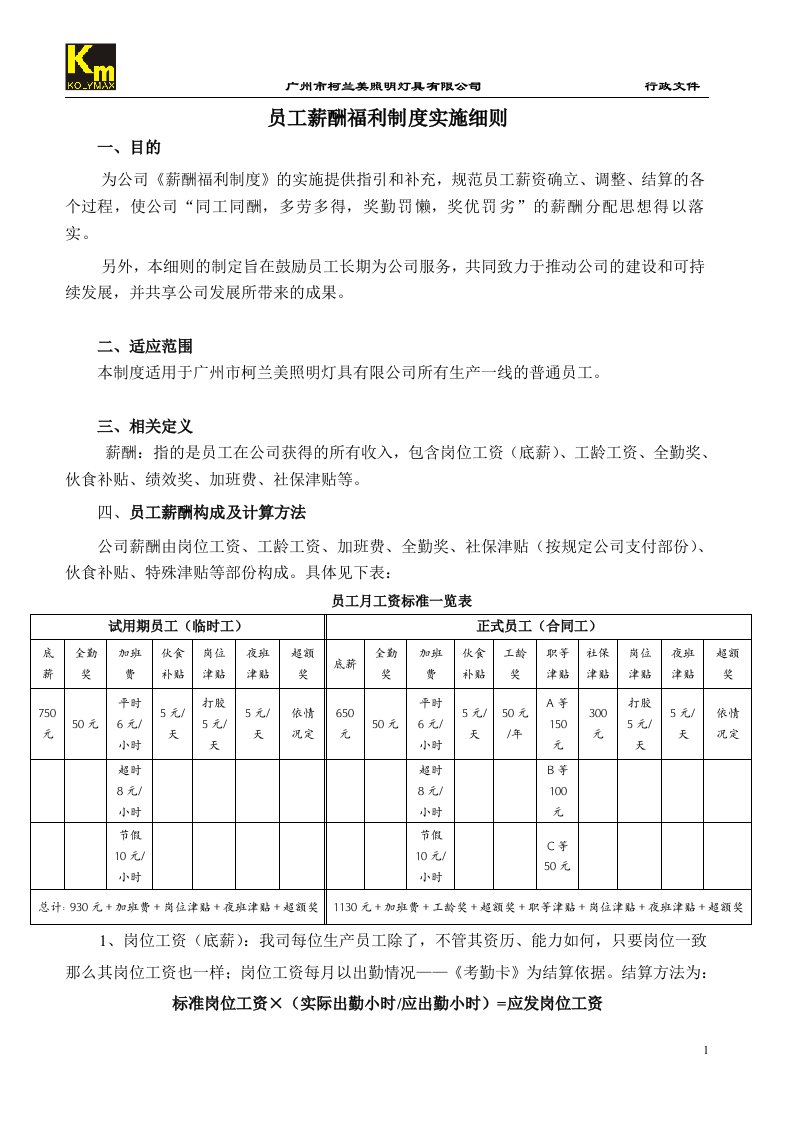 员工薪酬制度实施细则