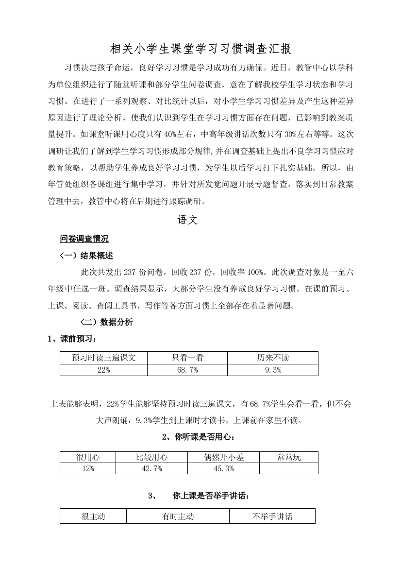 小学生学习习惯的调查分析专项方案