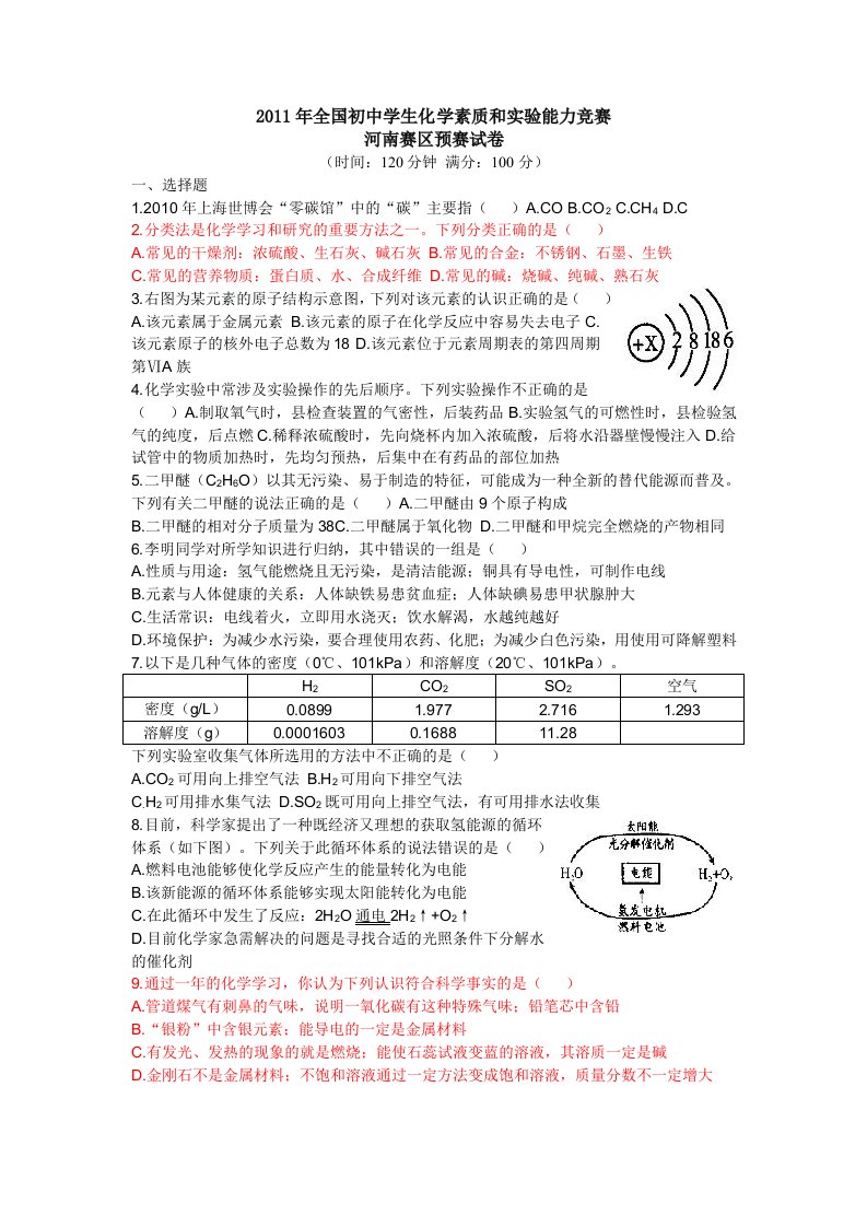 全国初中学生化学素质和实验能力竞赛河南赛区预赛试题