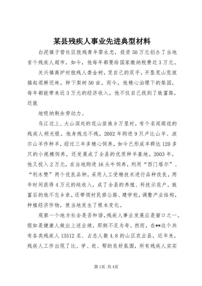 4某县残疾人事业先进典型材料