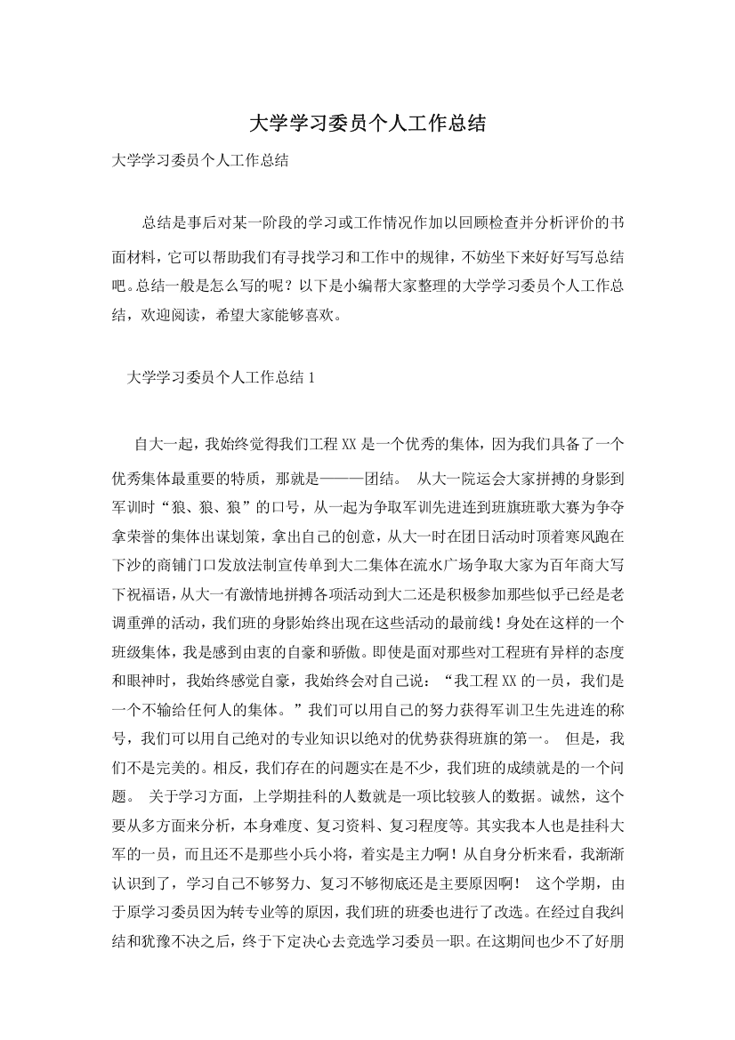 大学学习委员个人工作总结