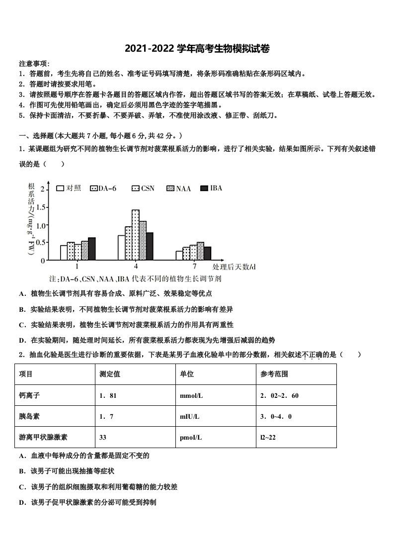 甘肃省天水高中名校2021-2022学年高三最后一卷生物试卷含解析