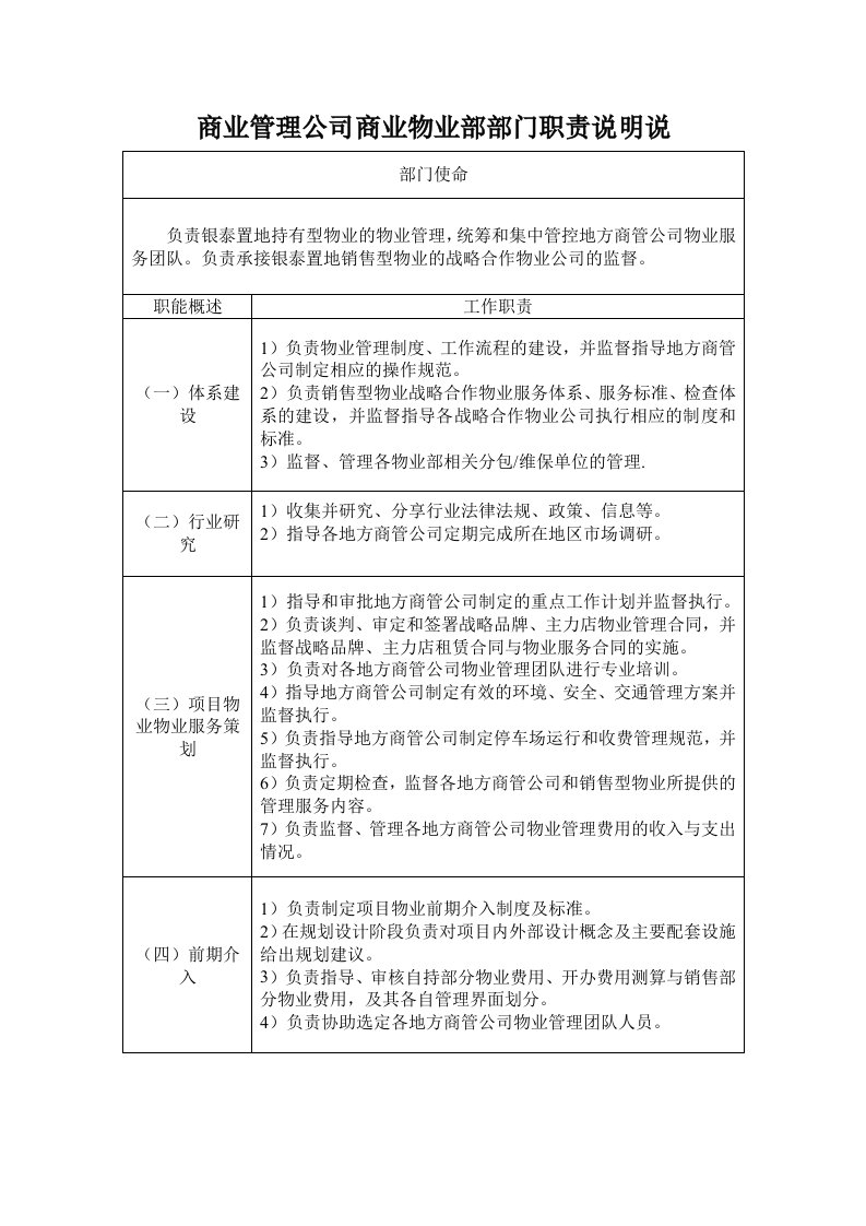 商业管理公司商业物业部部门职责说明说