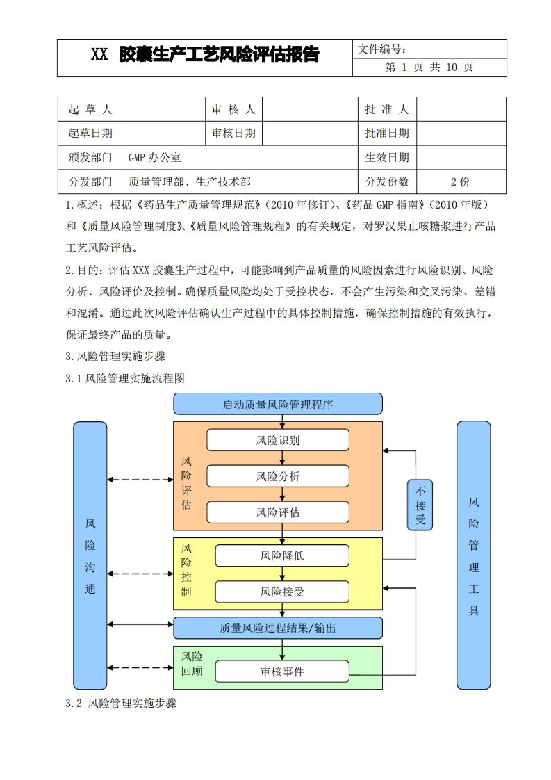 药品胶囊剂生产工艺风险评估报告