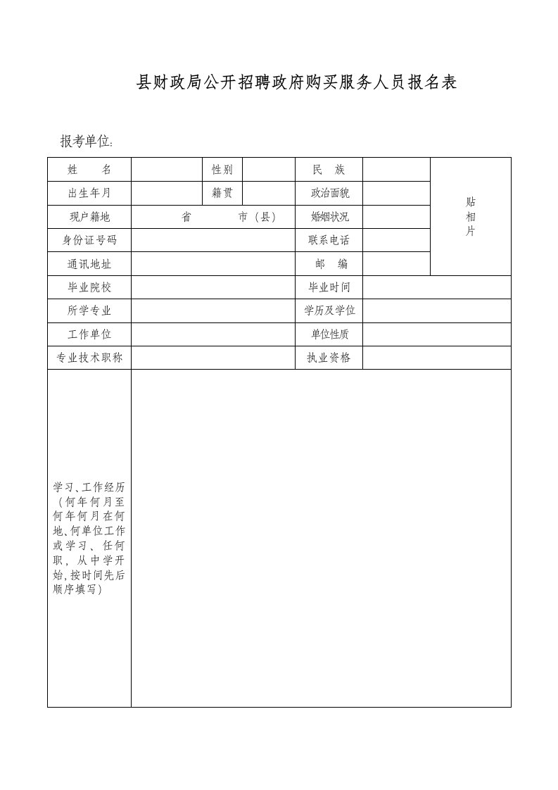 财政局公开招聘政府购买服务人员报名表