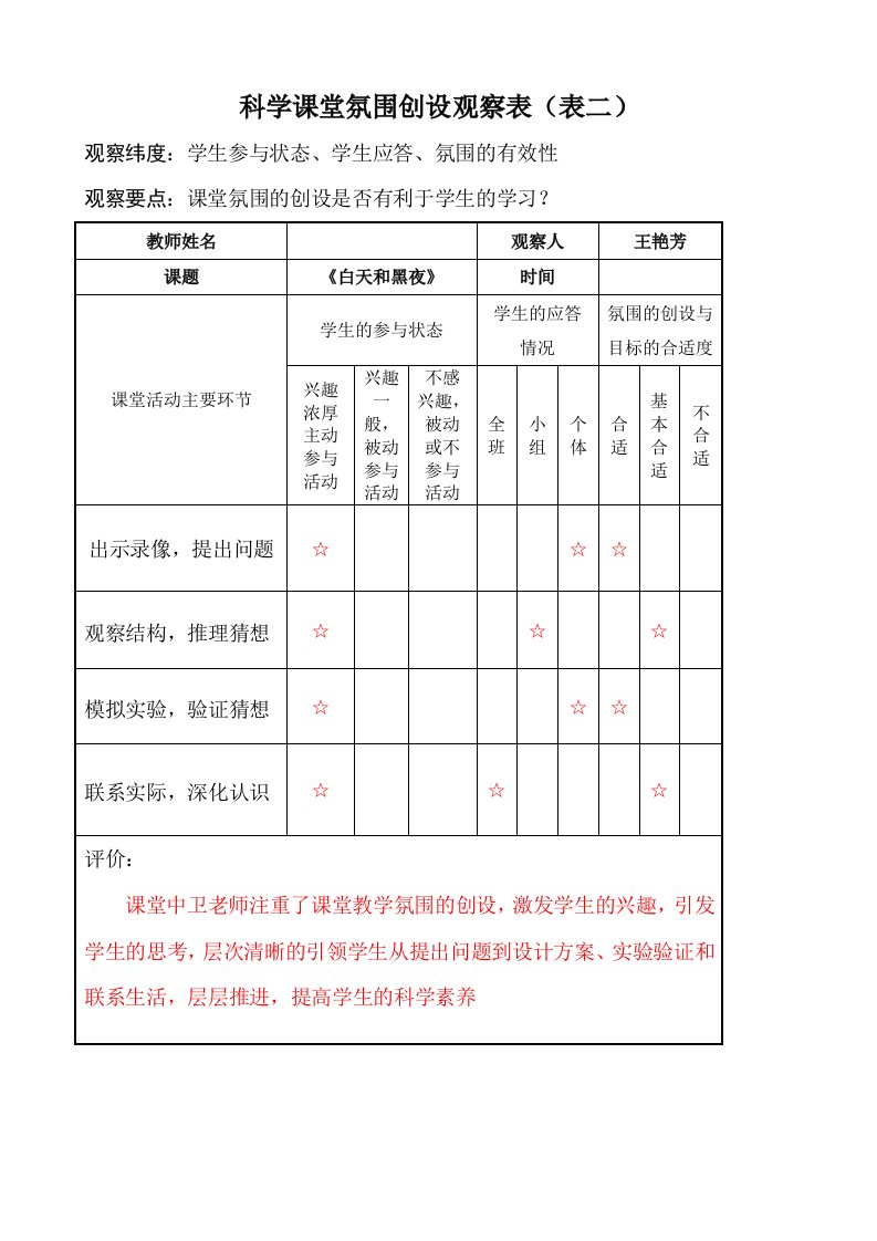 科学教学课堂观察量表