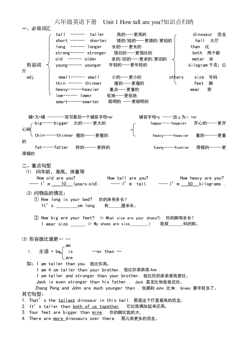 新版PEP小学英语六年级下1--4单元复习资料