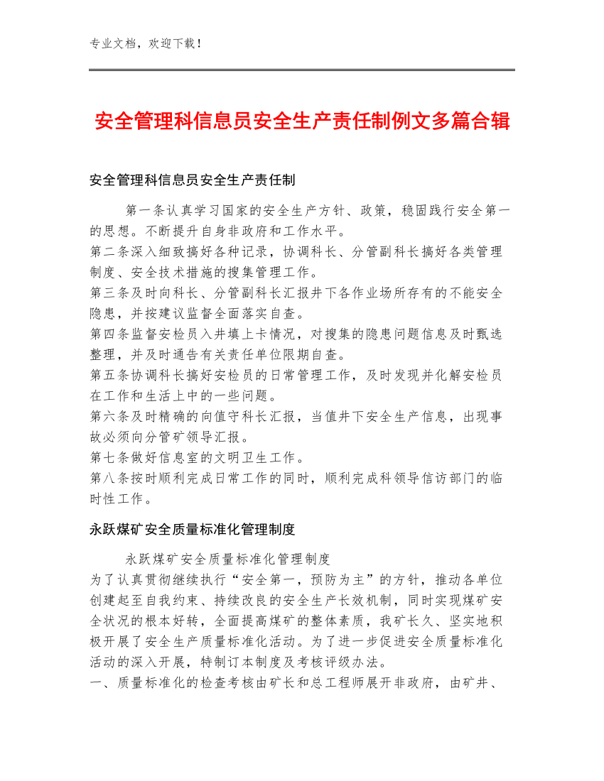 安全管理科信息员安全生产责任制例文多篇合辑