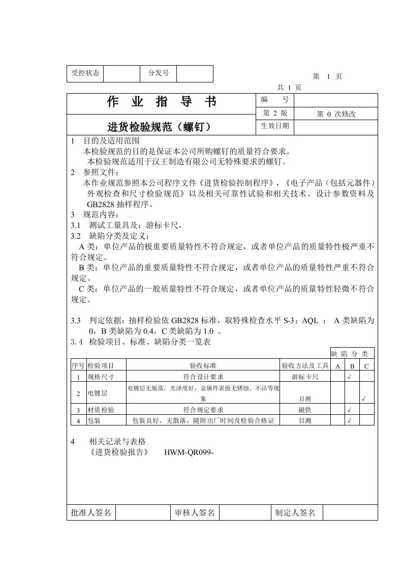 螺钉进货检验制度