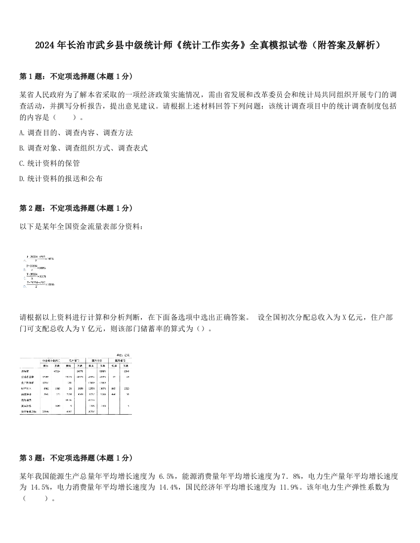 2024年长治市武乡县中级统计师《统计工作实务》全真模拟试卷（附答案及解析）