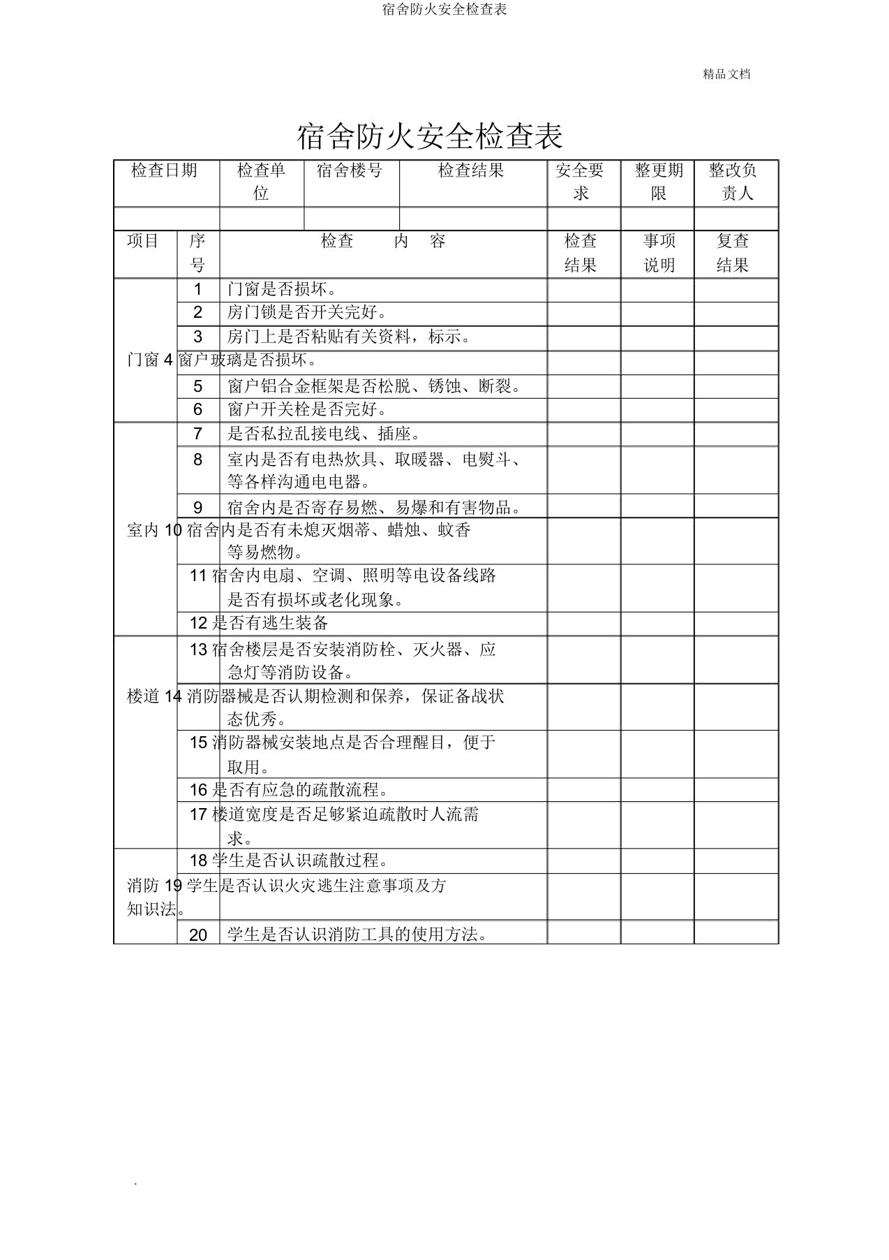 宿舍防火安全检查表